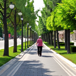 A vibrant, walkable Turkish neighborhood street designed for pedestrian comfort and enjoyment. Wide, smooth pavements are lined with meticulously maintained landscaping, bursting with colorful flowers and shady trees. Modern, ample street lighting creates a safe and inviting atmosphere, day or night. People of all ages and abilities, including a mother with a stroller and an individual in a wheelchair, move freely and comfortably, enjoying the fresh air and sense of openness. The scene conveys a serene, clean urban environment where walking is a delightful experience.