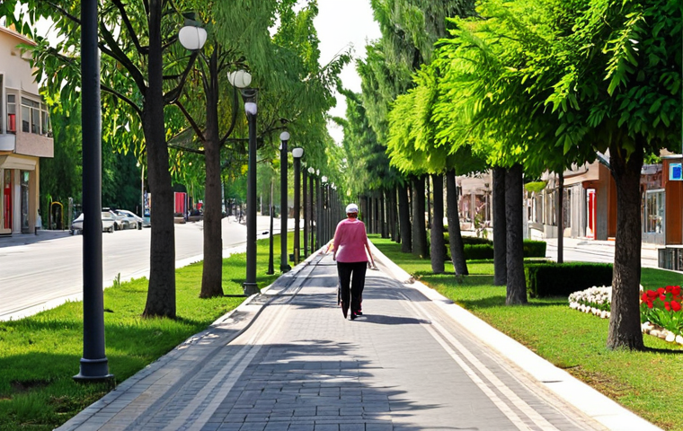 A vibrant, walkable Turkish neighborhood street designed for pedestrian comfort and enjoyment. Wide, smooth pavements are lined with meticulously maintained landscaping, bursting with colorful flowers and shady trees. Modern, ample street lighting creates a safe and inviting atmosphere, day or night. People of all ages and abilities, including a mother with a stroller and an individual in a wheelchair, move freely and comfortably, enjoying the fresh air and sense of openness. The scene conveys a serene, clean urban environment where walking is a delightful experience.
