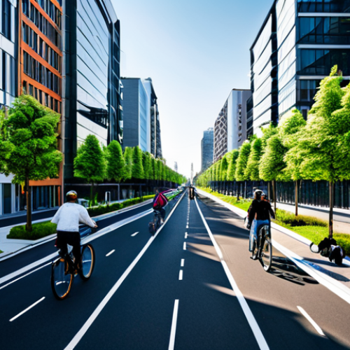 A sprawling, futuristic urban landscape showcasing a smart and green city. Modern high-rise buildings feature integrated rooftop gardens and lush vertical farming facades. An extensive network of elevated green corridors connects vibrant parks and public spaces. Wide, tree-lined pedestrian boulevards are visible with dedicated bicycle lanes. Sleek, energy-efficient public transport, such as electric trams, moves seamlessly through the city. Smart street lighting systems are subtly integrated throughout. The scene is bright with clear skies and abundant natural light. Diverse individuals, fully clothed in appropriate attire, are seen enjoying the pedestrian areas, biking, or walking. Professional photography, high resolution, vibrant colors, clear focus, perfect anatomy, correct proportions, natural pose, well-formed hands, proper finger count, natural body proportions, safe for work, appropriate content, fully clothed, professional, family-friendly.
