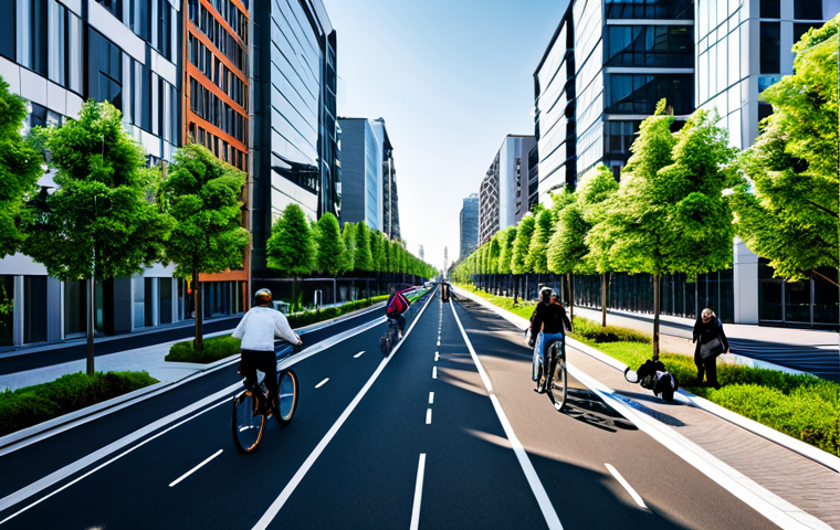 A sprawling, futuristic urban landscape showcasing a smart and green city. Modern high-rise buildings feature integrated rooftop gardens and lush vertical farming facades. An extensive network of elevated green corridors connects vibrant parks and public spaces. Wide, tree-lined pedestrian boulevards are visible with dedicated bicycle lanes. Sleek, energy-efficient public transport, such as electric trams, moves seamlessly through the city. Smart street lighting systems are subtly integrated throughout. The scene is bright with clear skies and abundant natural light. Diverse individuals, fully clothed in appropriate attire, are seen enjoying the pedestrian areas, biking, or walking. Professional photography, high resolution, vibrant colors, clear focus, perfect anatomy, correct proportions, natural pose, well-formed hands, proper finger count, natural body proportions, safe for work, appropriate content, fully clothed, professional, family-friendly.